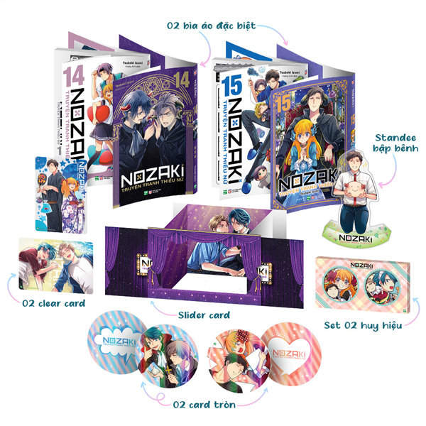 Bộ Bộ Manga - Nozaki & Truyện Tranh Thiếu Nữ: Tập 14 + Tập 15 (Bộ 2 Tập) - Bản Sưu Tầm - Tặng Kèm 2 Bìa Áo + 1 Standee Bập Bênh + 2 Clear Card + 1 Slider Card + 1 Set 2 Huy Hiệu + 2 Card Tròn